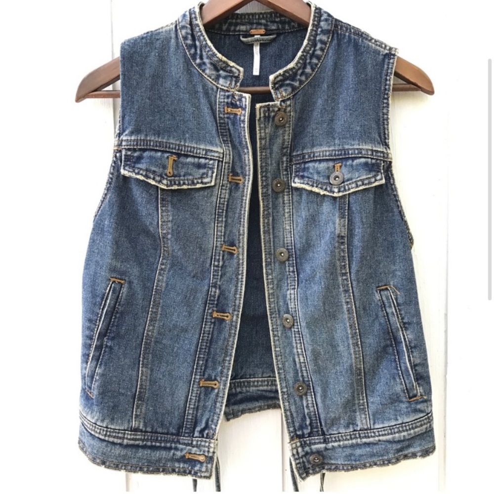 Free people denim vest lace up mandarin jean y2k style vintage